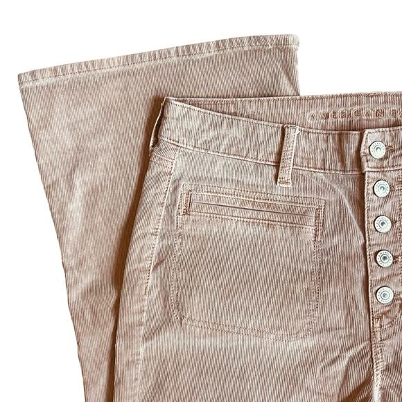 American Eagle Women’s Sz 12 Tan Super High Rise Flare Jeans Stretch Corduroy - Picture 4 of 14